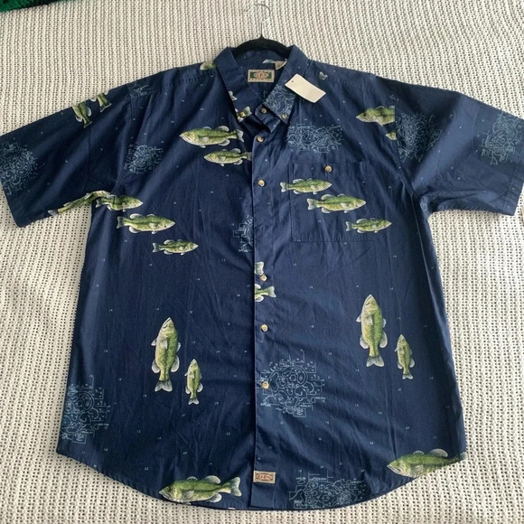 Vintage Largemouth Bass Print All Over Fishing Outdoor Shirt Button Down L New! - Picture 6 of 9